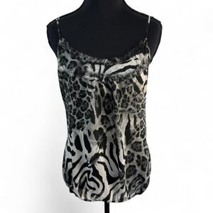 Vigoss Collection Y2K Animal Print Cami Top L Black White Zebra Leopard Ruffle